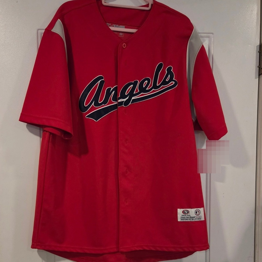 True Fan Los Angeles Angels Baseball Jersey Red Gray Mens XL Button Up MLB